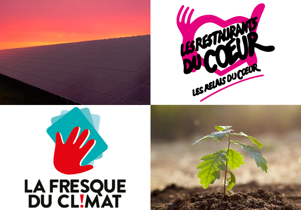4 images représentants des panneaux photovoltaïques, une jeune pousse d'arbre plantée et des logos d'associations